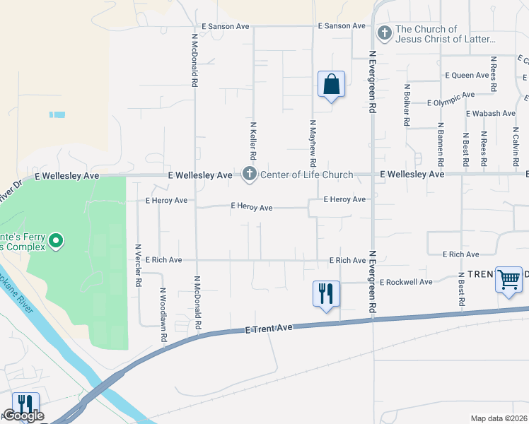 map of restaurants, bars, coffee shops, grocery stores, and more near 13402 East Heroy Avenue in Spokane Valley
