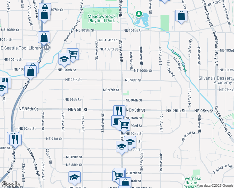 map of restaurants, bars, coffee shops, grocery stores, and more near 3230 Northeast 96th Street in Seattle