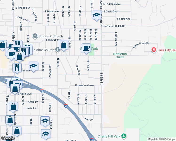 map of restaurants, bars, coffee shops, grocery stores, and more near 2339 North 13th Street in Coeur d'Alene