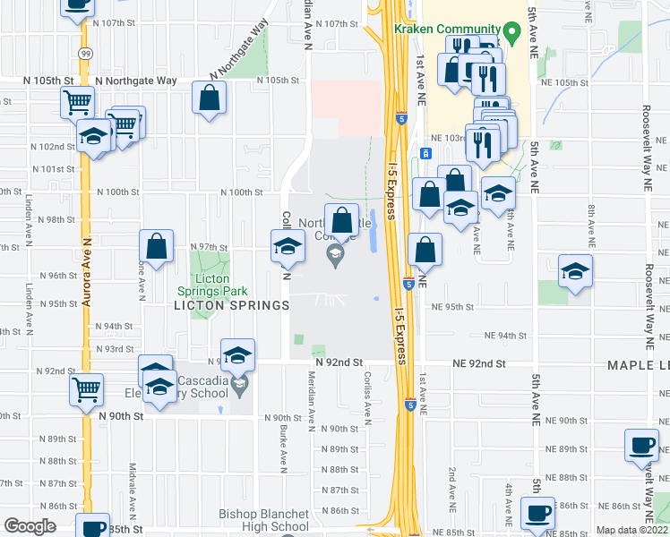 map of restaurants, bars, coffee shops, grocery stores, and more near 9600 College Way North in Seattle
