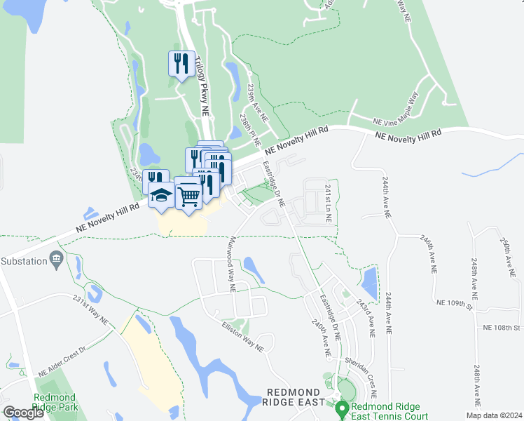 map of restaurants, bars, coffee shops, grocery stores, and more near 23897 Northeast 112th Circle in Redmond