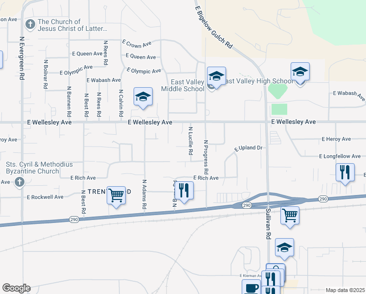 map of restaurants, bars, coffee shops, grocery stores, and more near 4515 North Lucille Road in Spokane Valley