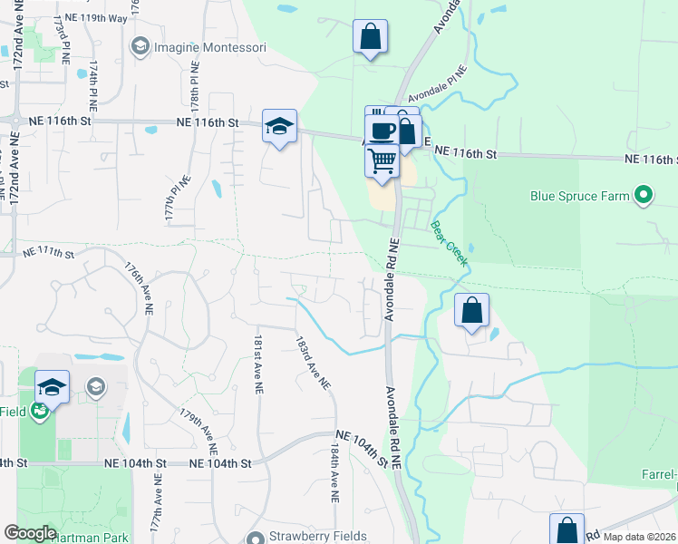map of restaurants, bars, coffee shops, grocery stores, and more near 18321 Northeast 111th Street in Redmond