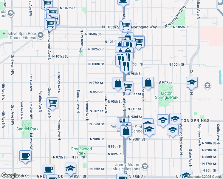 map of restaurants, bars, coffee shops, grocery stores, and more near 927 North 96th Street in Seattle