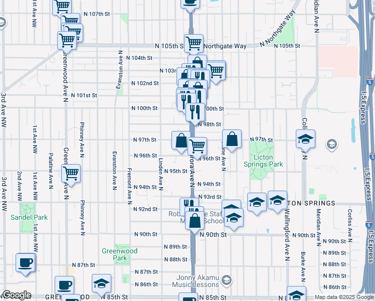 map of restaurants, bars, coffee shops, grocery stores, and more near in Seattle