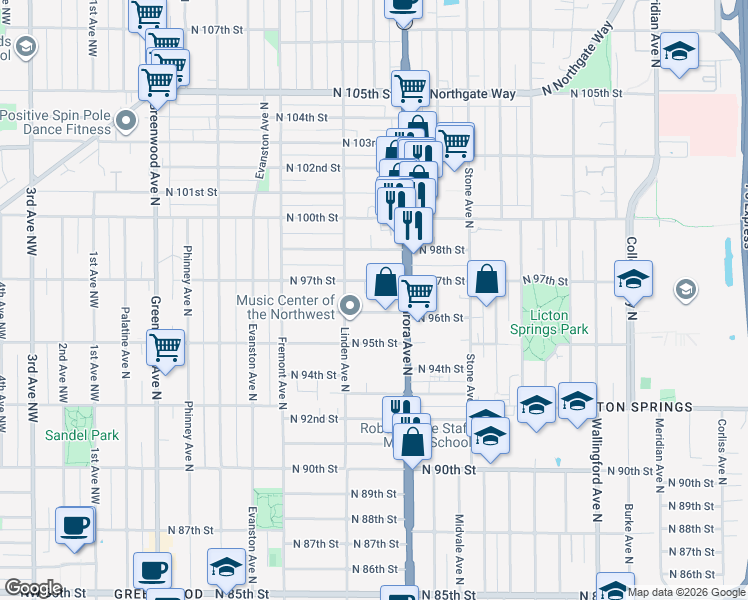 map of restaurants, bars, coffee shops, grocery stores, and more near 927 North 96th Street in Seattle