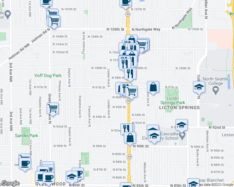 map of restaurants, bars, coffee shops, grocery stores, and more near 927 North 96th Street in Seattle