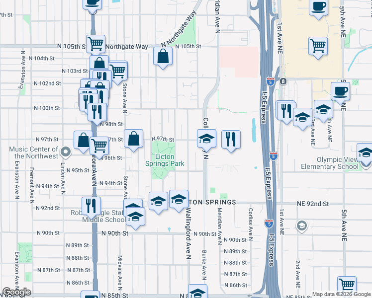 map of restaurants, bars, coffee shops, grocery stores, and more near 9545 Wallingford Avenue North in Seattle