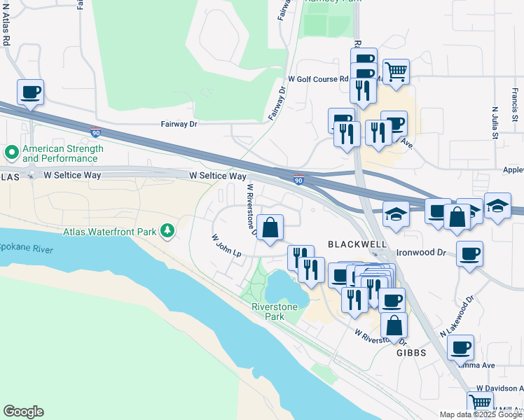 map of restaurants, bars, coffee shops, grocery stores, and more near 2155 West Riverstone Drive in Coeur d'Alene