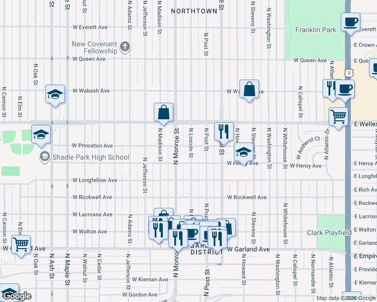 map of restaurants, bars, coffee shops, grocery stores, and more near 4404 North Lincoln Street in Spokane