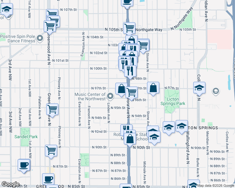 map of restaurants, bars, coffee shops, grocery stores, and more near 927 North 96th Street in Seattle