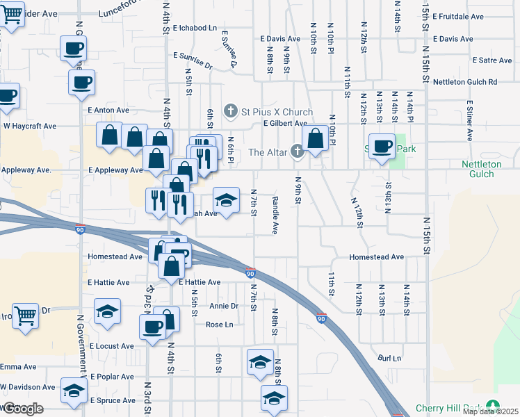 map of restaurants, bars, coffee shops, grocery stores, and more near 2308 North 7th Street in Coeur d'Alene