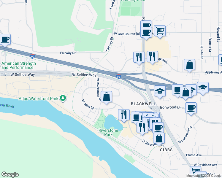 map of restaurants, bars, coffee shops, grocery stores, and more near 2430 West Whistler Loop in Coeur d'Alene