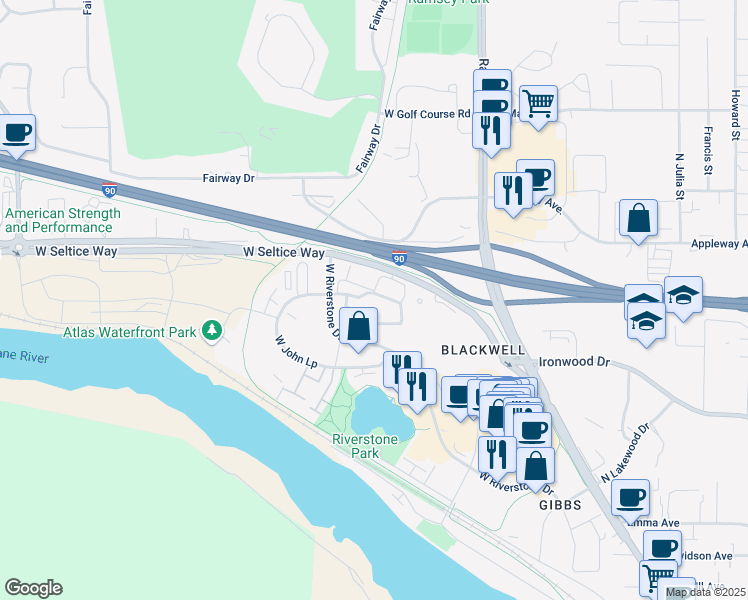 map of restaurants, bars, coffee shops, grocery stores, and more near 2430 West Whistler Loop in Coeur d'Alene