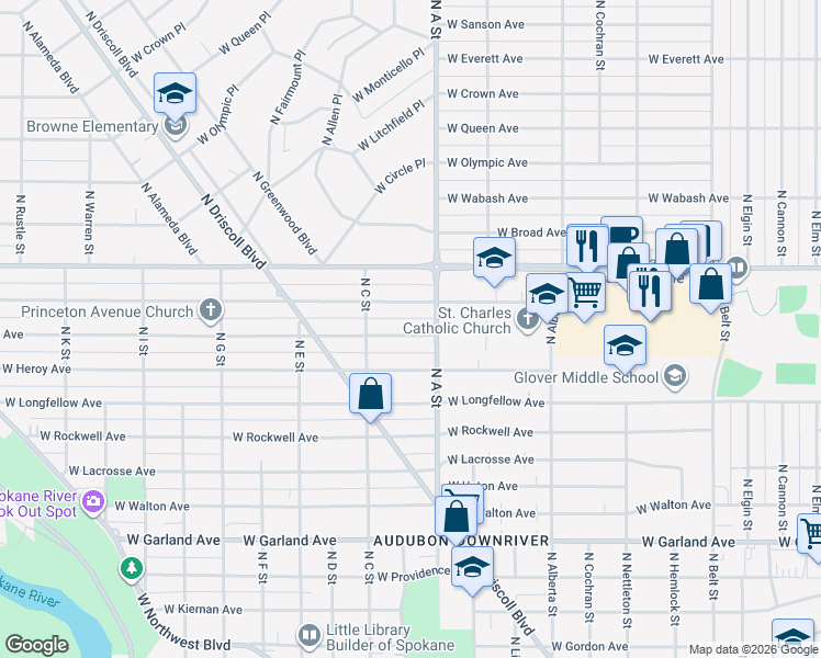 map of restaurants, bars, coffee shops, grocery stores, and more near 2922 West Princeton Avenue in Spokane