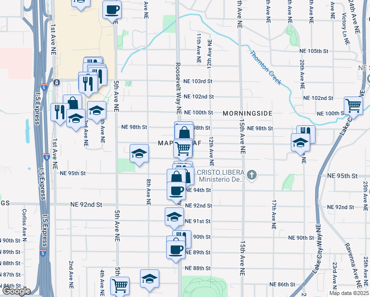 map of restaurants, bars, coffee shops, grocery stores, and more near 9526 Roosevelt Way Northeast in Seattle
