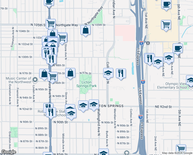 map of restaurants, bars, coffee shops, grocery stores, and more near 9547 Wallingford Avenue North in Seattle