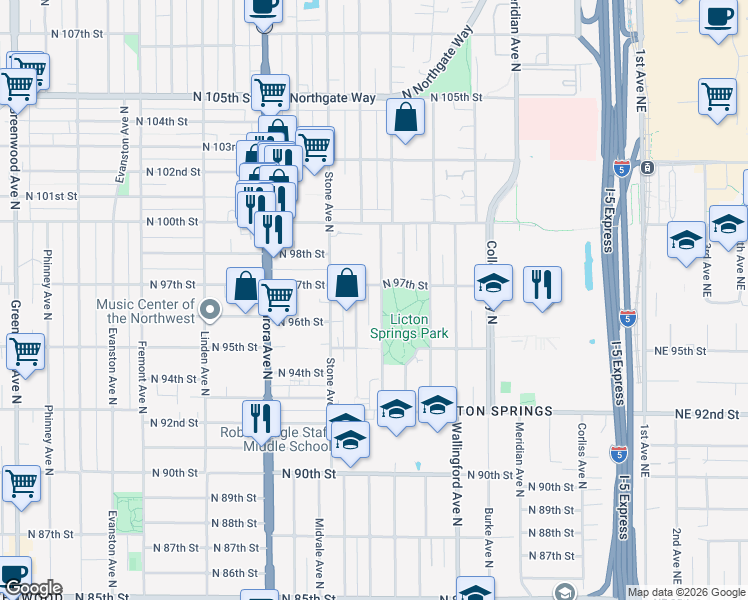 map of restaurants, bars, coffee shops, grocery stores, and more near 9523 Ashworth Avenue North in Seattle