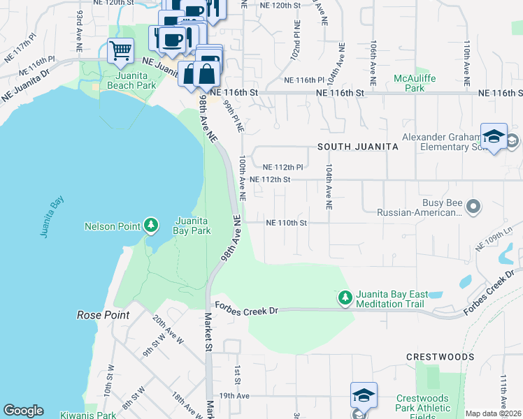 map of restaurants, bars, coffee shops, grocery stores, and more near 10030 Northeast 110th Street in Kirkland