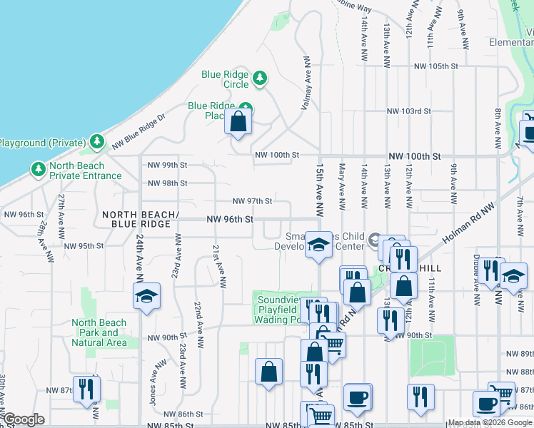 map of restaurants, bars, coffee shops, grocery stores, and more near 9511 18th Place Northwest in Seattle
