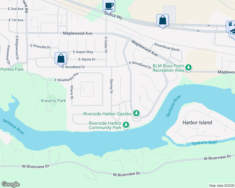 map of restaurants, bars, coffee shops, grocery stores, and more near 4897 East River Walk Avenue in Post Falls