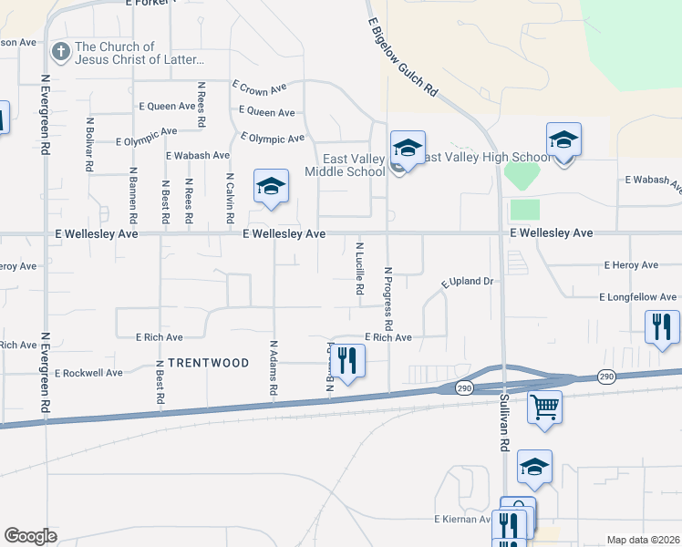 map of restaurants, bars, coffee shops, grocery stores, and more near 4515 North Lucille Road in Spokane Valley
