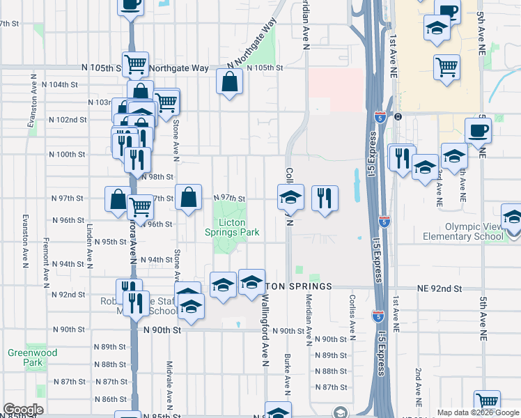 map of restaurants, bars, coffee shops, grocery stores, and more near in Seattle