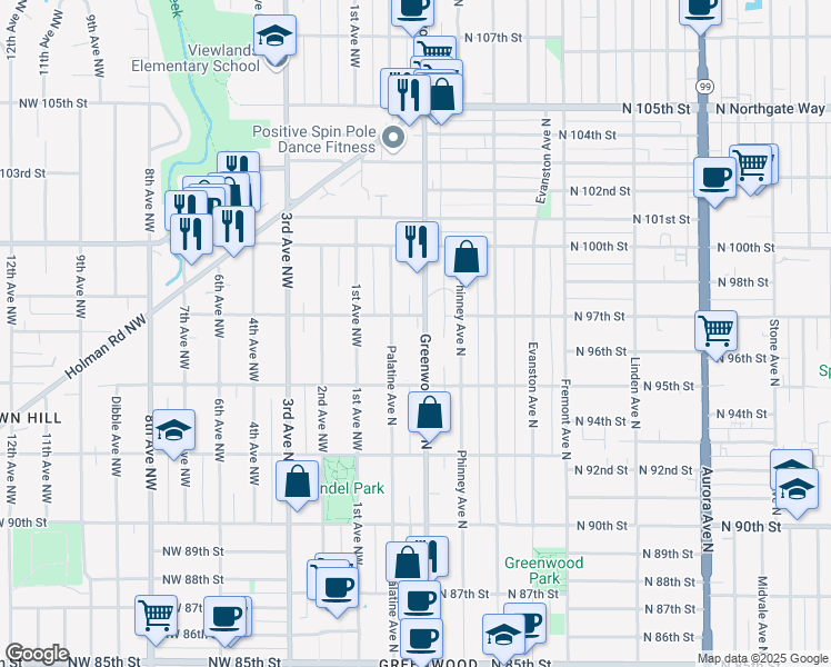map of restaurants, bars, coffee shops, grocery stores, and more near 9520 Palatine Avenue North in Seattle