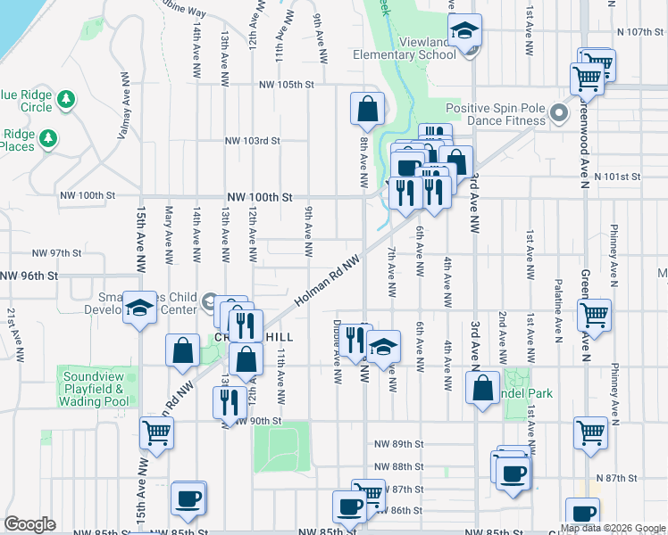 map of restaurants, bars, coffee shops, grocery stores, and more near 818 Northwest 96th Street in Seattle