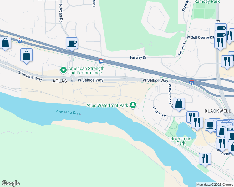 map of restaurants, bars, coffee shops, grocery stores, and more near 2600-3098 E Seltice Way in Coeur d'Alene