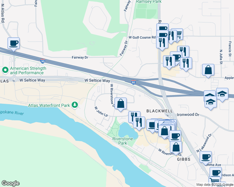 map of restaurants, bars, coffee shops, grocery stores, and more near West Whistler Loop in Coeur d'Alene