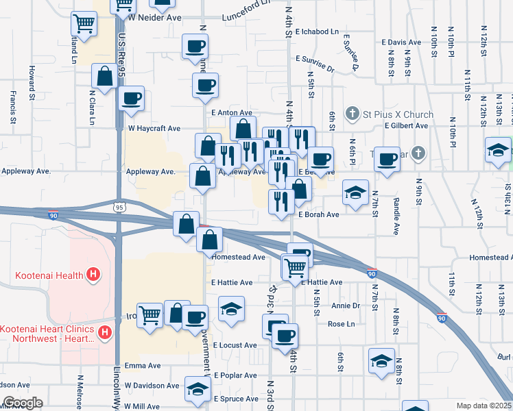 map of restaurants, bars, coffee shops, grocery stores, and more near 218 East Appleway Avenue in Coeur d'Alene