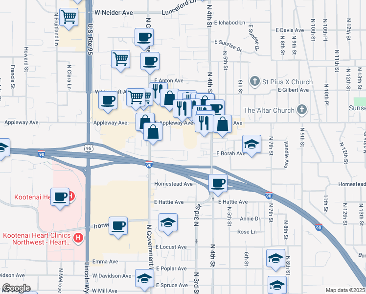 map of restaurants, bars, coffee shops, grocery stores, and more near 116 East Appleway Avenue in Coeur d'Alene