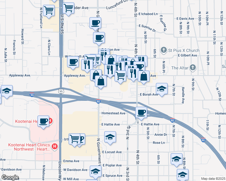 map of restaurants, bars, coffee shops, grocery stores, and more near 116 East Appleway Avenue in Coeur d'Alene