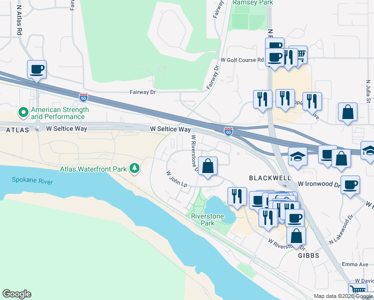 map of restaurants, bars, coffee shops, grocery stores, and more near 2115-2199 West Seltice Way in Post Falls