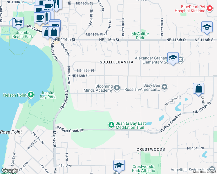 map of restaurants, bars, coffee shops, grocery stores, and more near 10411 Northeast 112th Street in Kirkland