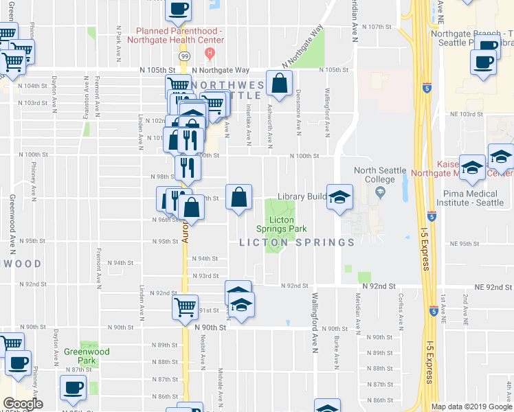 map of restaurants, bars, coffee shops, grocery stores, and more near 9710A Ashworth Avenue North in Seattle
