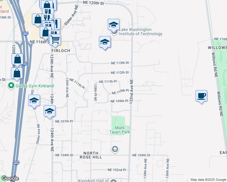 map of restaurants, bars, coffee shops, grocery stores, and more near 12918 Northeast 110th Place in Kirkland