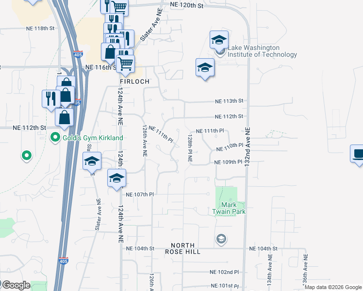 map of restaurants, bars, coffee shops, grocery stores, and more near 11120 127th Place Northeast in Kirkland