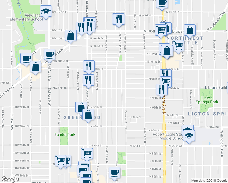 map of restaurants, bars, coffee shops, grocery stores, and more near 9553 Evanston Avenue North in Seattle