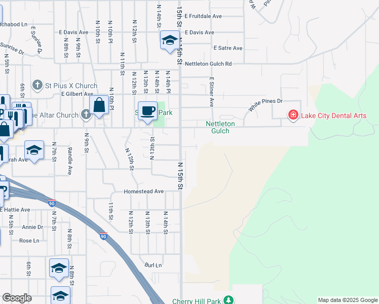 map of restaurants, bars, coffee shops, grocery stores, and more near 2364 North 15th Street in Coeur d'Alene