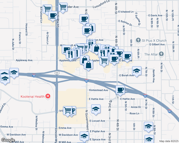 map of restaurants, bars, coffee shops, grocery stores, and more near 2500 North Government Way in Coeur d'Alene