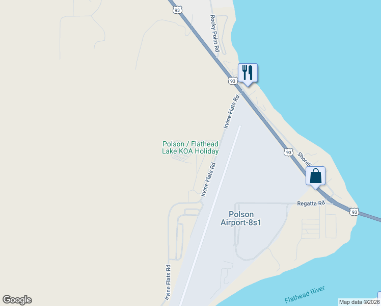 map of restaurants, bars, coffee shops, grocery stores, and more near 200 Irvine Flats Road in Polson