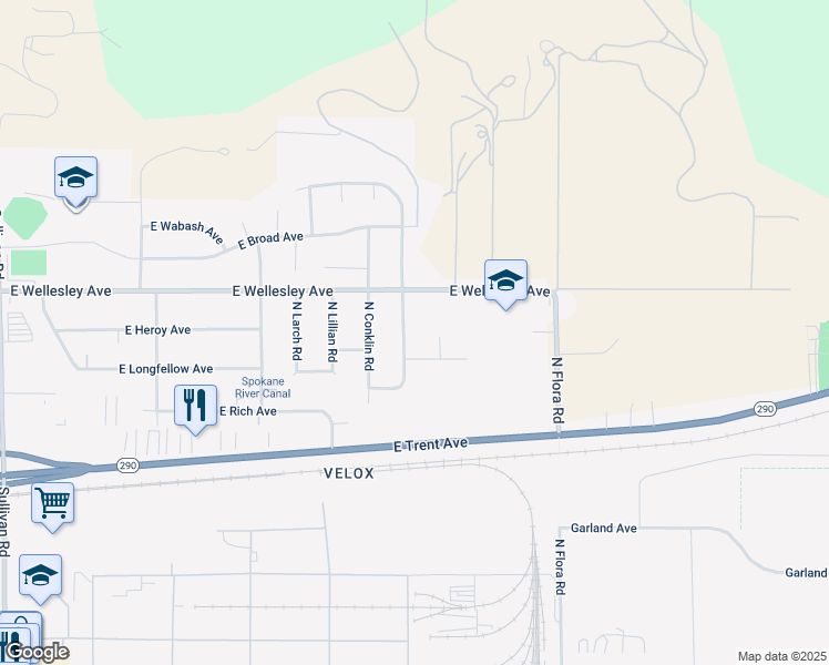 map of restaurants, bars, coffee shops, grocery stores, and more near 4719 North Sunnyvale Drive in Spokane Valley