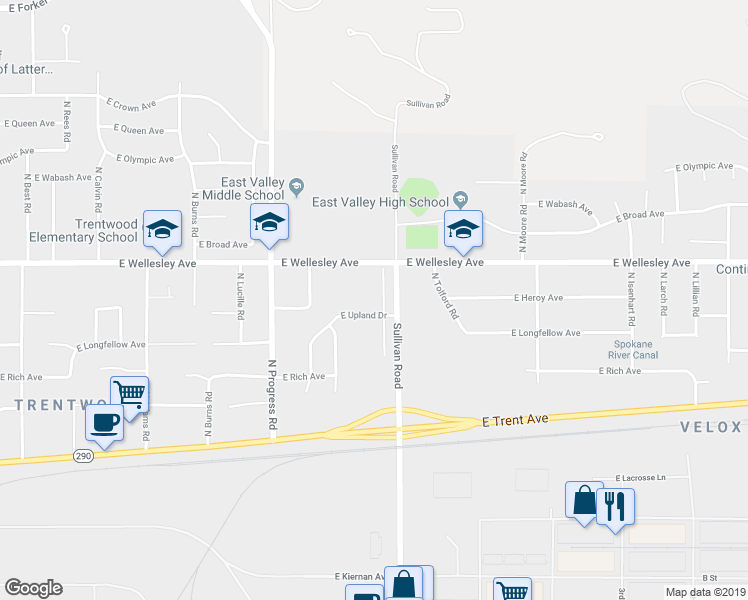 map of restaurants, bars, coffee shops, grocery stores, and more near 4709 North Sullivan Road in Spokane Valley