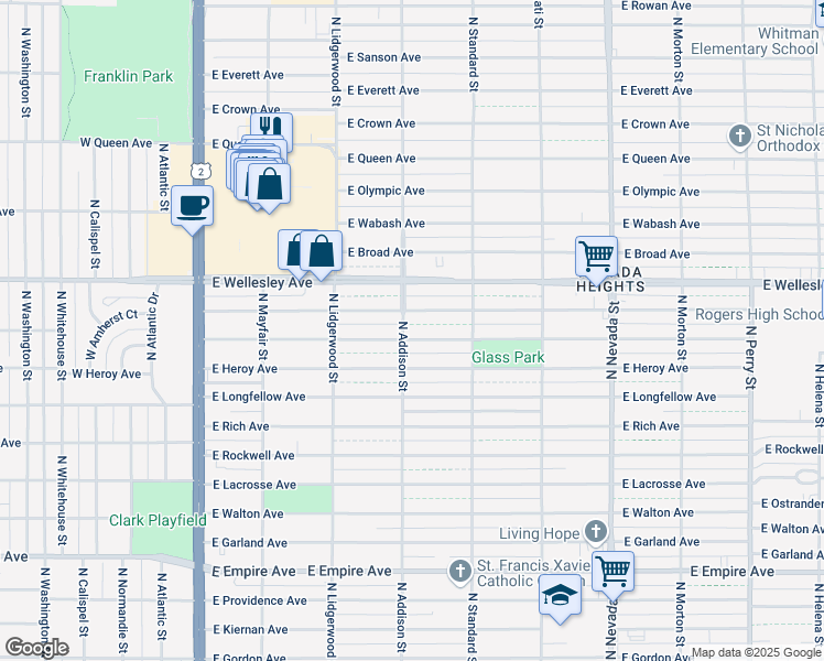 map of restaurants, bars, coffee shops, grocery stores, and more near 4605 North Addison Street in Spokane