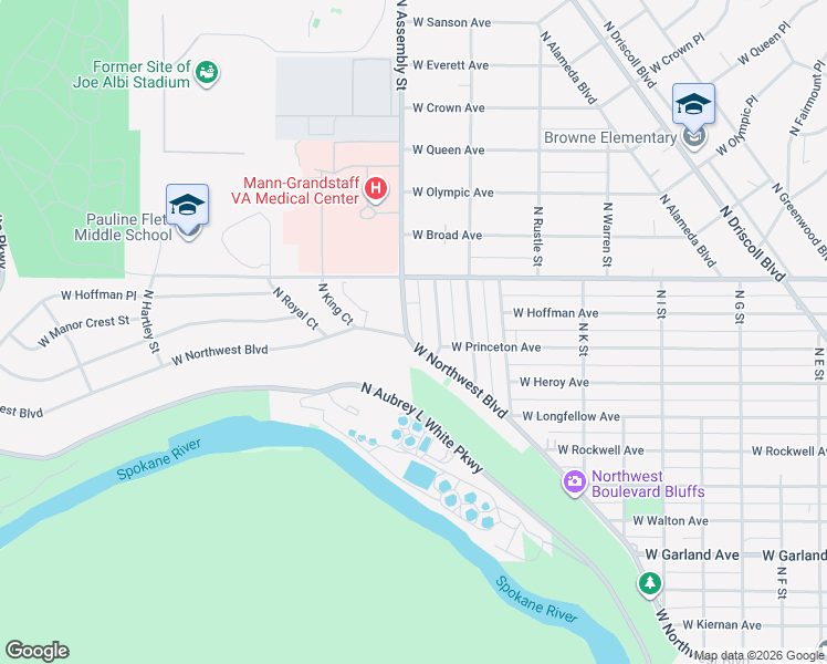 map of restaurants, bars, coffee shops, grocery stores, and more near 4605 North Assembly Street in Spokane
