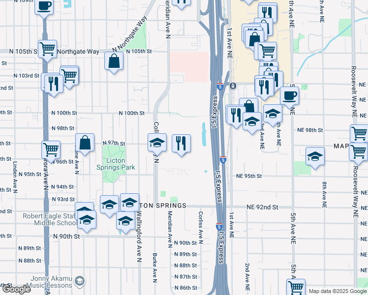 map of restaurants, bars, coffee shops, grocery stores, and more near 9600 College Way North in Seattle