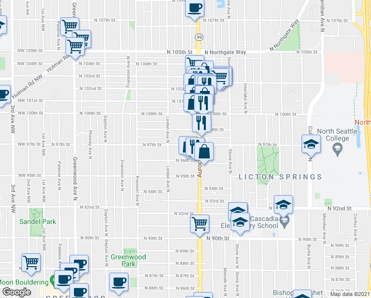 map of restaurants, bars, coffee shops, grocery stores, and more near 928 North 97th Street in Seattle