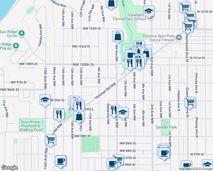 map of restaurants, bars, coffee shops, grocery stores, and more near 823 Northwest 97th Street in Seattle